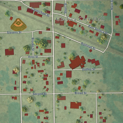 Close-up of the map of Chelsea, Iowa print showing street and building detail