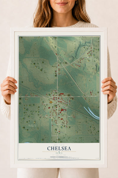 Map of Chelsea, Iowa, 18 x 24 inch print in a white wood frame