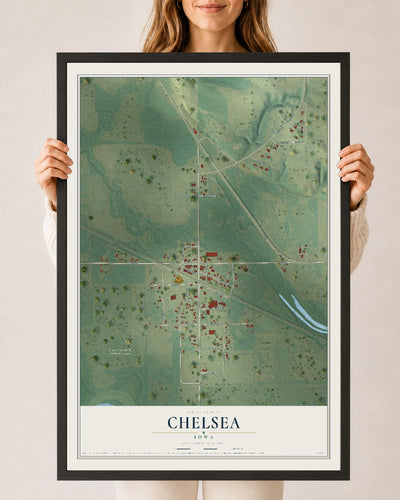 Map of Chelsea, Iowa, 24 x 36 inch print in a black wood frame