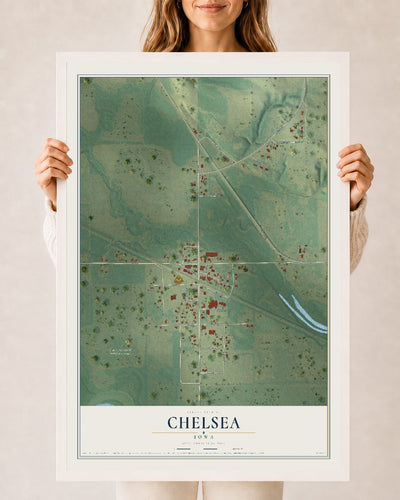Map of Chelsea, Iowa, 24 x 36 inch print in a white wood frame
