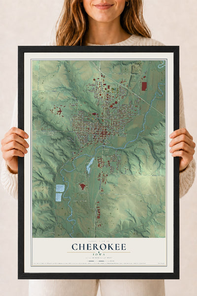 Map of Cherokee, Iowa, 18 x 24 inch print in a black wood frame