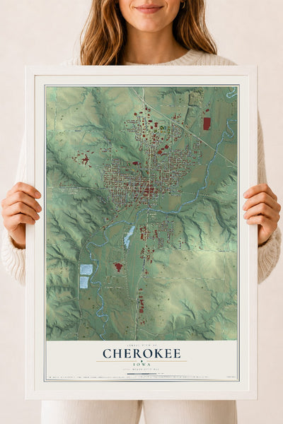 Map of Cherokee, Iowa, 18 x 24 inch print in a white wood frame