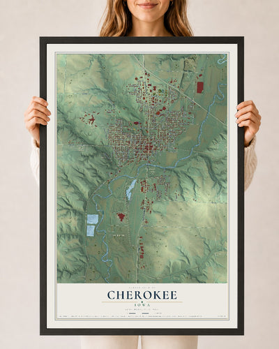 Map of Cherokee, Iowa, 24 x 36 inch print in a black wood frame