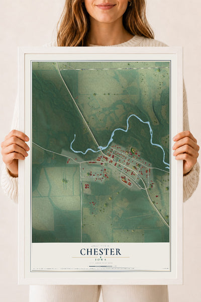 Map of Chester, Iowa, 18 x 24 inch print in a white wood frame