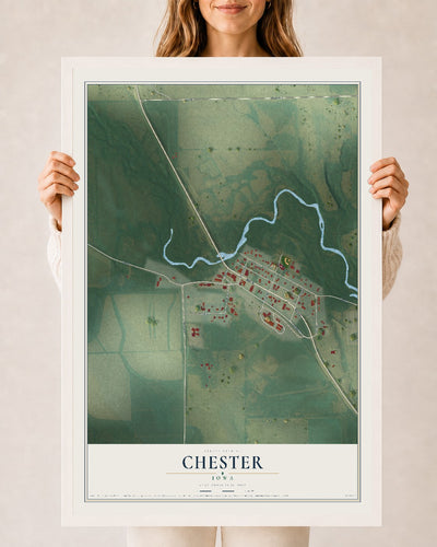 Map of Chester, Iowa, 24 x 36 inch print in a white wood frame