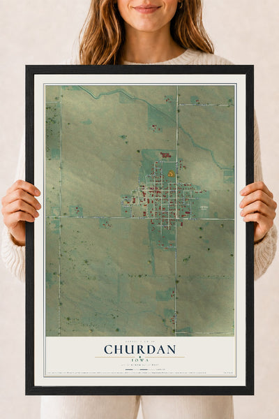 Map of Churdan, Iowa, 18 x 24 inch print in a black wood frame
