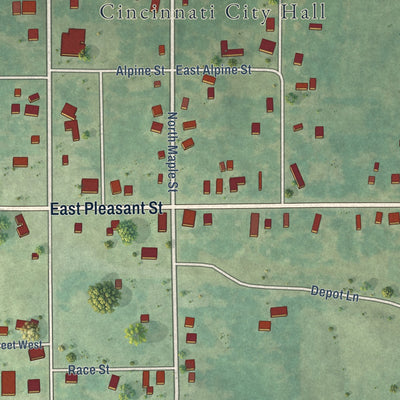 Close-up of the map of Cincinnati, Iowa print showing street and building detail