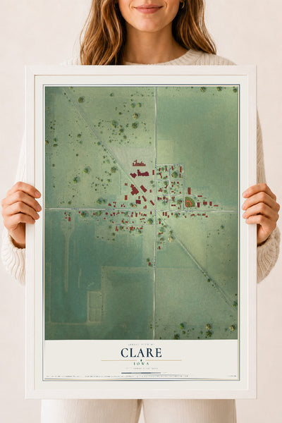Map of Clare, Iowa, 18 x 24 inch print in a white wood frame
