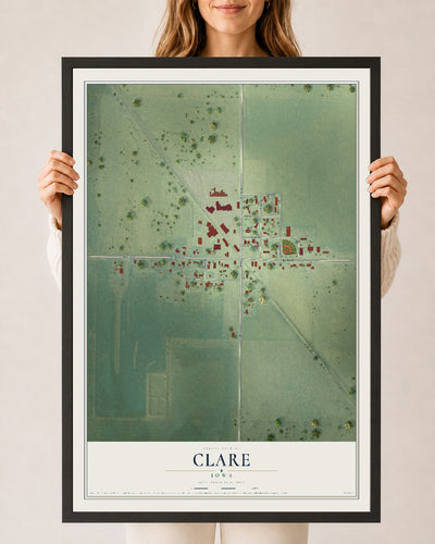 Map of Clare, Iowa, 24 x 36 inch print in a black wood frame