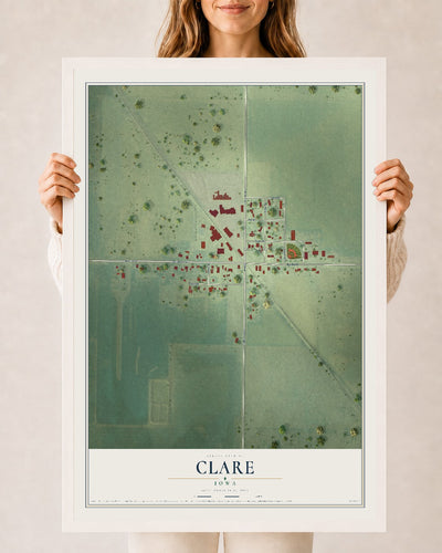 Map of Clare, Iowa, 24 x 36 inch print in a white wood frame