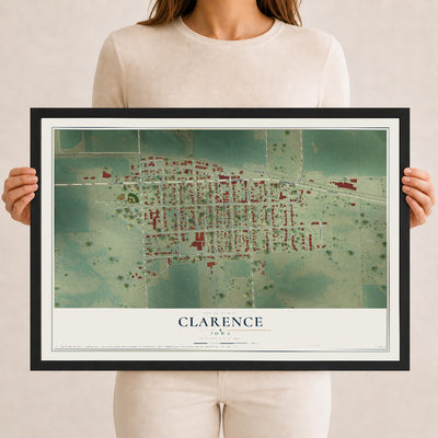 Map of Clarence, Iowa, 12 x 18 inch print in a black wood frame
