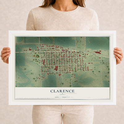 Map of Clarence, Iowa, 12 x 18 inch print in a white wood frame
