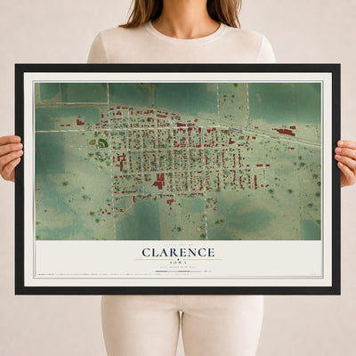 Map of Clarence, Iowa, 18 x 24 inch print in a black wood frame
