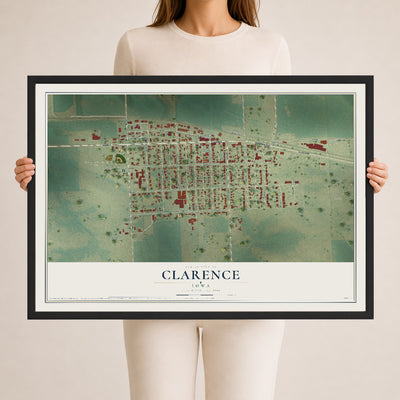 Map of Clarence, Iowa, 24 x 36 inch print in a black wood frame