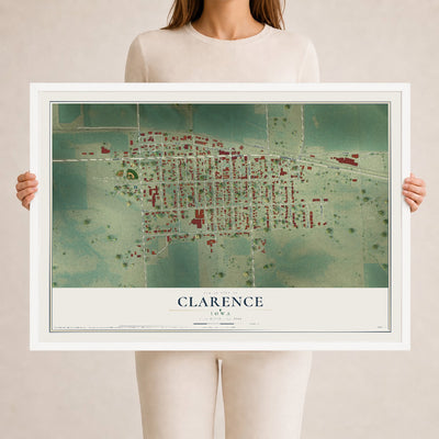 Map of Clarence, Iowa, 24 x 36 inch print in a white wood frame