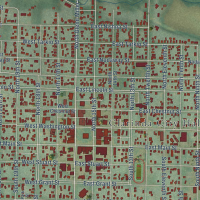 Close-up of the map of Clarinda, Iowa print showing street and building detail