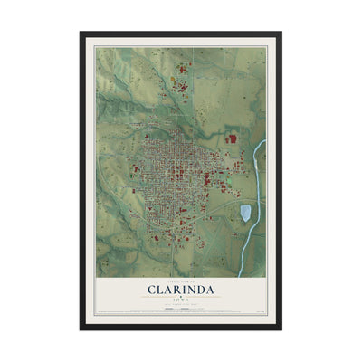 Map of Clarinda, Iowa, 12 x 18 inch print in a black wood frame