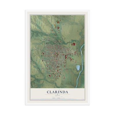 Map of Clarinda, Iowa, 12 x 18 inch print in a white wood frame