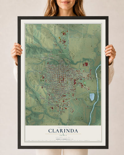 Map of Clarinda, Iowa, 24 x 36 inch print in a black wood frame