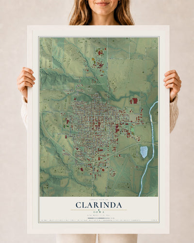 Map of Clarinda, Iowa, 24 x 36 inch print in a white wood frame
