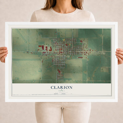 Map of Clarion, Iowa, 18 x 24 inch print in a white wood frame