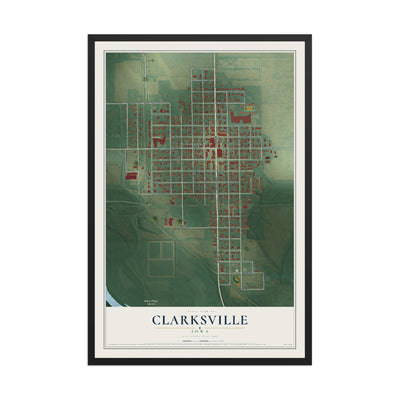 Map of Clarksville, Iowa, 12 x 18 inch print in a black wood frame