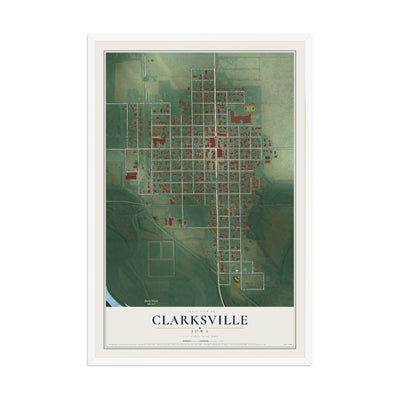Map of Clarksville, Iowa, 12 x 18 inch print in a white wood frame