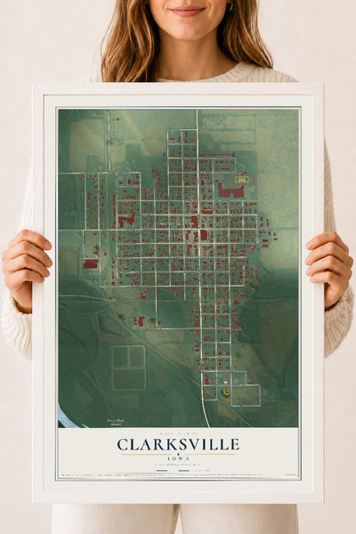 Map of Clarksville, Iowa, 18 x 24 inch print in a white wood frame