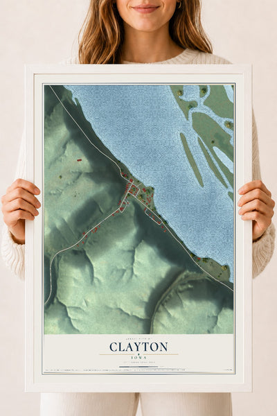 Map of Clayton, Iowa, 18 x 24 inch print in a white wood frame