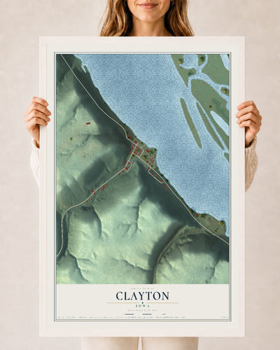 Map of Clayton, Iowa, 24 x 36 inch print in a white wood frame