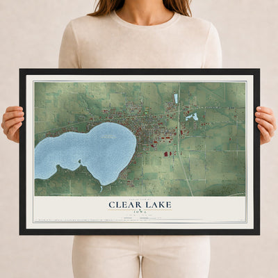 Map of Clear Lake, Iowa, 12 x 18 inch print in a black wood frame