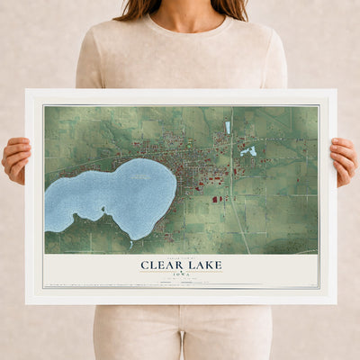 Map of Clear Lake, Iowa, 12 x 18 inch print in a white wood frame