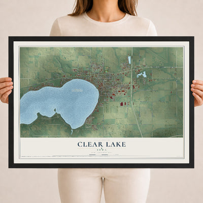 Map of Clear Lake, Iowa, 18 x 24 inch print in a black wood frame