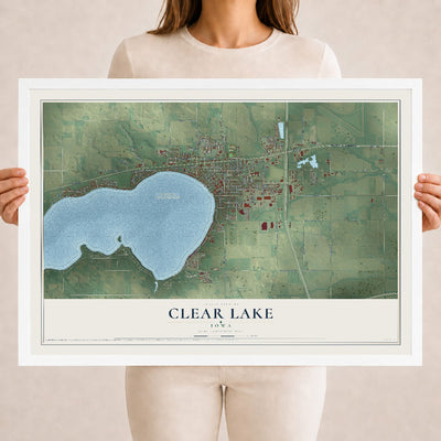 Map of Clear Lake, Iowa, 18 x 24 inch print in a white wood frame