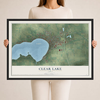 Map of Clear Lake, Iowa, 24 x 36 inch print in a black wood frame
