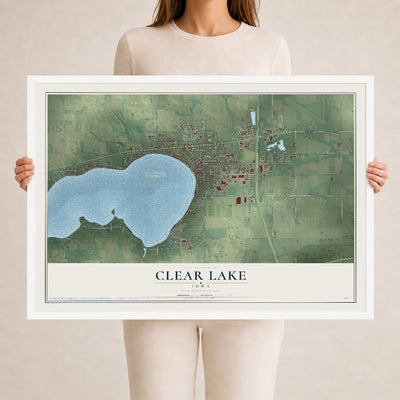 Map of Clear Lake, Iowa, 24 x 36 inch print in a white wood frame