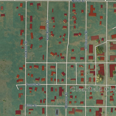 Close-up of the map of Clearfield, Iowa print showing street and building detail