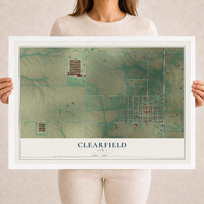 Map of Clearfield, Iowa, 18 x 24 inch print in a white wood frame