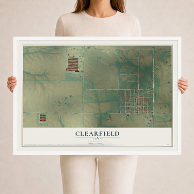 Map of Clearfield, Iowa, 24 x 36 inch print in a white wood frame