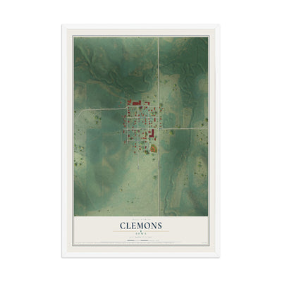 Map of Clemons, Iowa, 12 x 18 inch print in a white wood frame