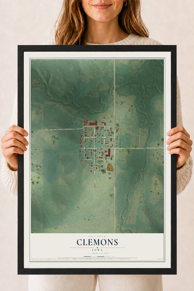 Map of Clemons, Iowa, 18 x 24 inch print in a black wood frame