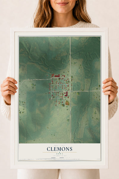 Map of Clemons, Iowa, 18 x 24 inch print in a white wood frame