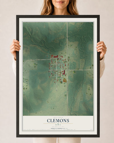 Map of Clemons, Iowa, 24 x 36 inch print in a black wood frame