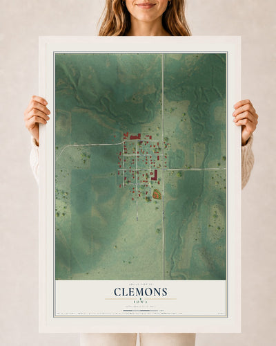 Map of Clemons, Iowa, 24 x 36 inch print in a white wood frame