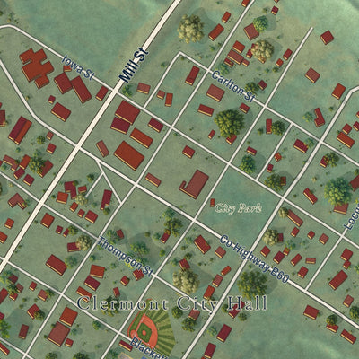 Close-up of the map of Clermont, Iowa print showing street and building detail