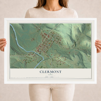 Map of Clermont, Iowa, 18 x 24 inch print in a white wood frame