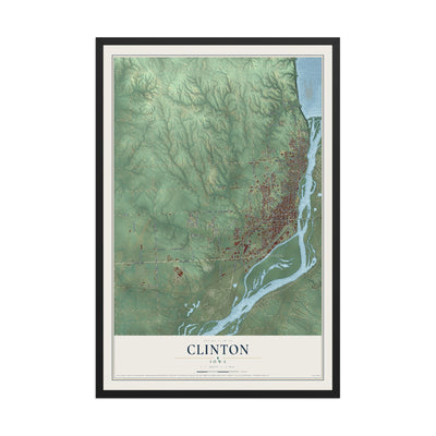 Map of Clinton, Iowa, 12 x 18 inch print in a black wood frame