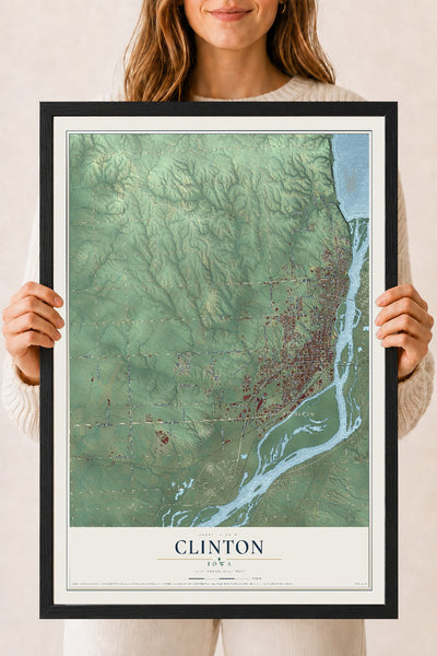 Map of Clinton, Iowa, 18 x 24 inch print in a black wood frame