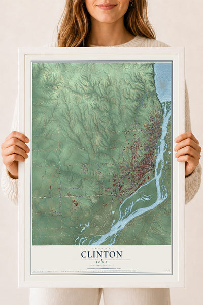 Map of Clinton, Iowa, 18 x 24 inch print in a white wood frame