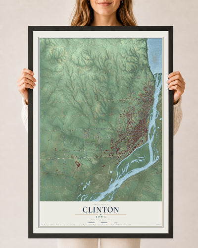 Map of Clinton, Iowa, 24 x 36 inch print in a black wood frame